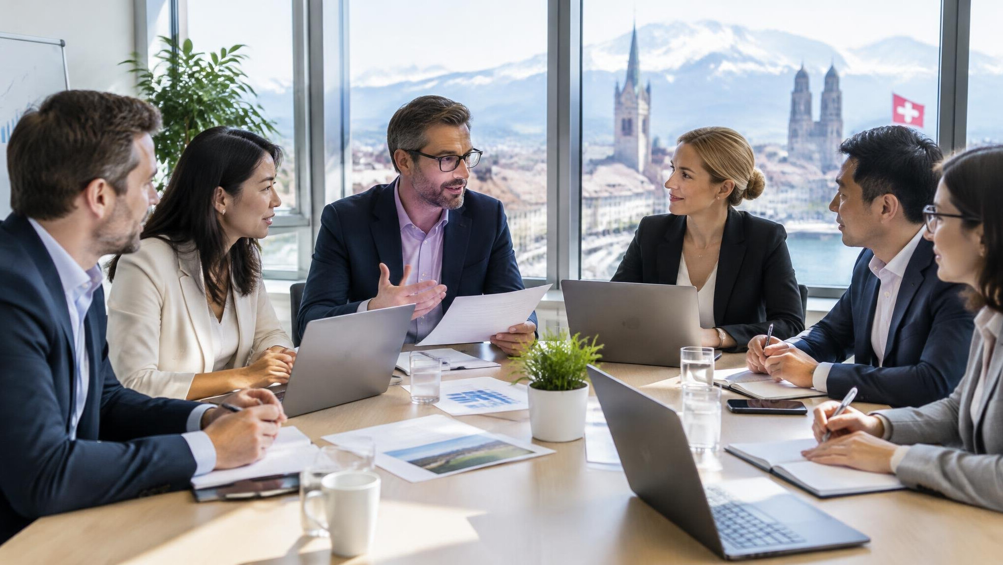 Business team discussing leadership strategy in a modern meeting room