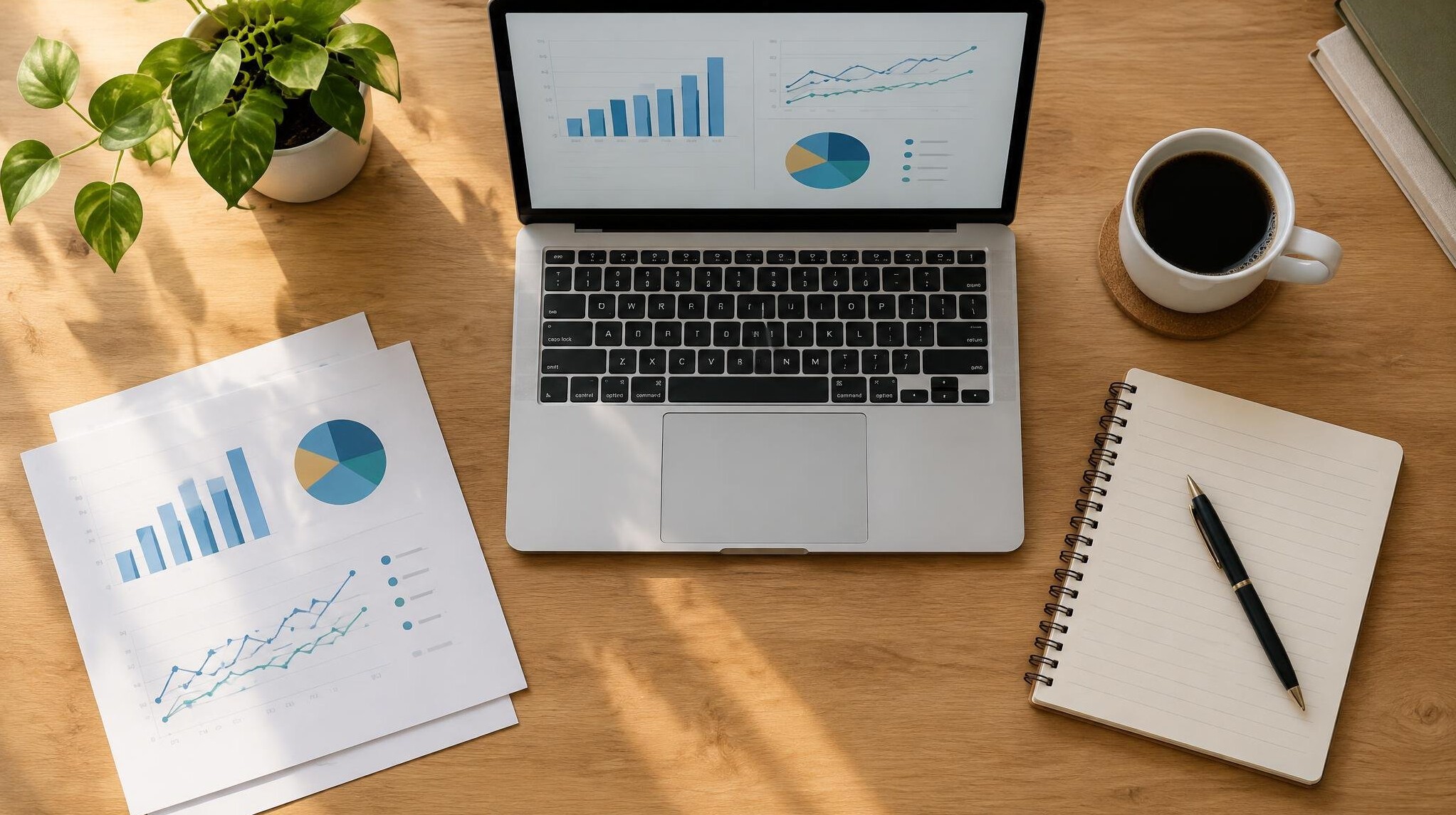 Desk with laptop, charts and notebook for focused work