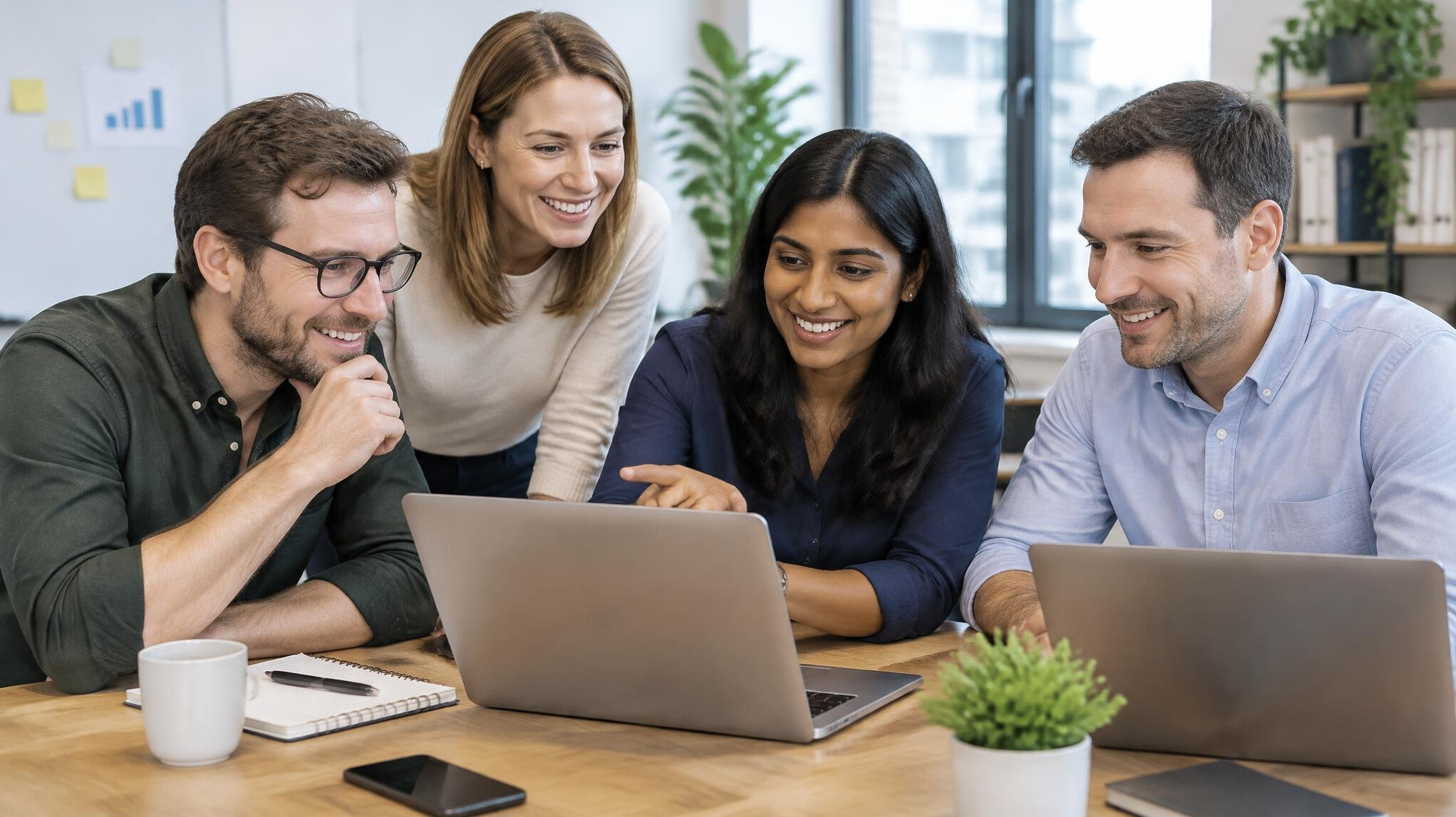 Colleagues collaborating around laptops at a shared table