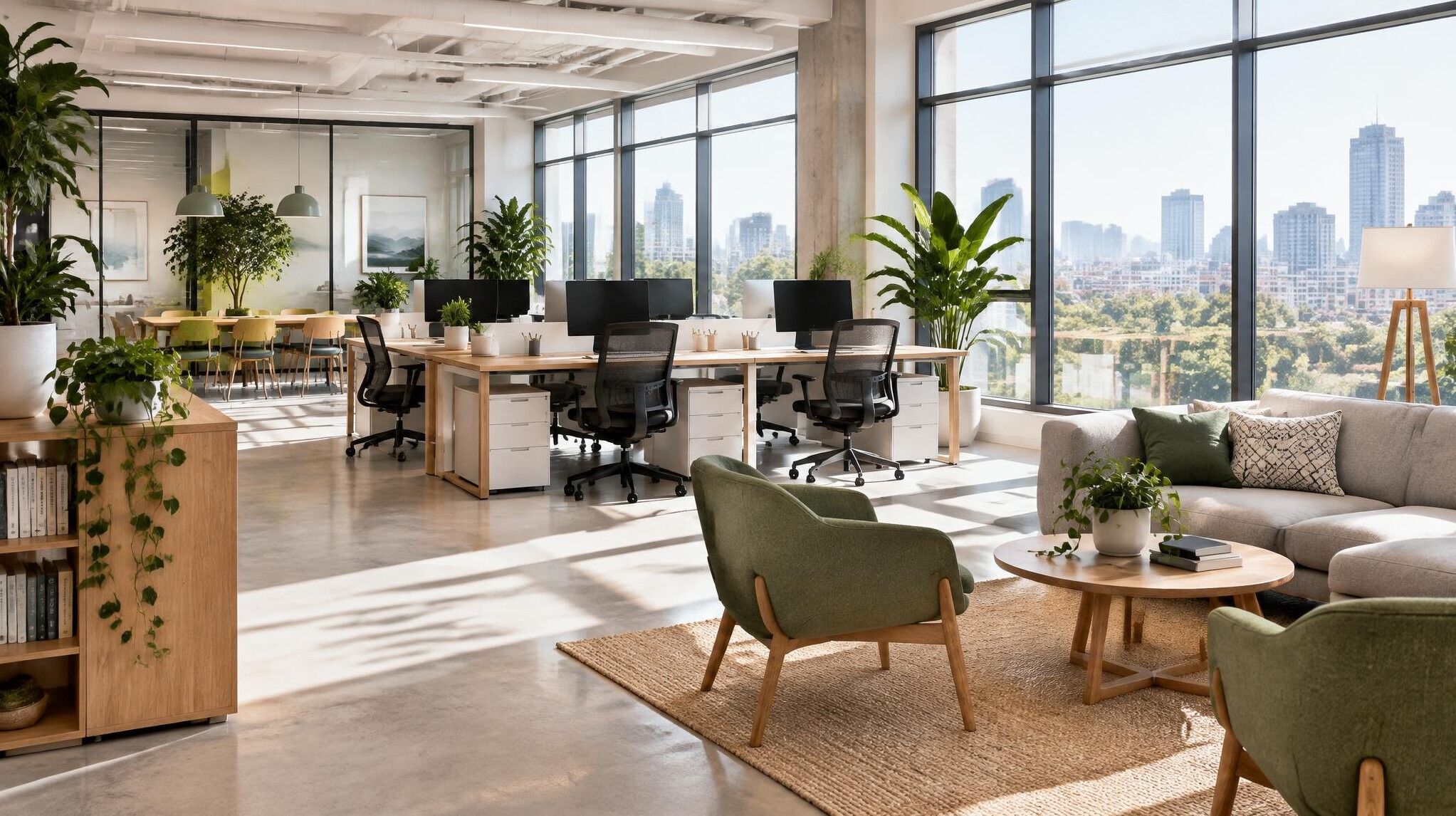 Bright modern open office space with large windows