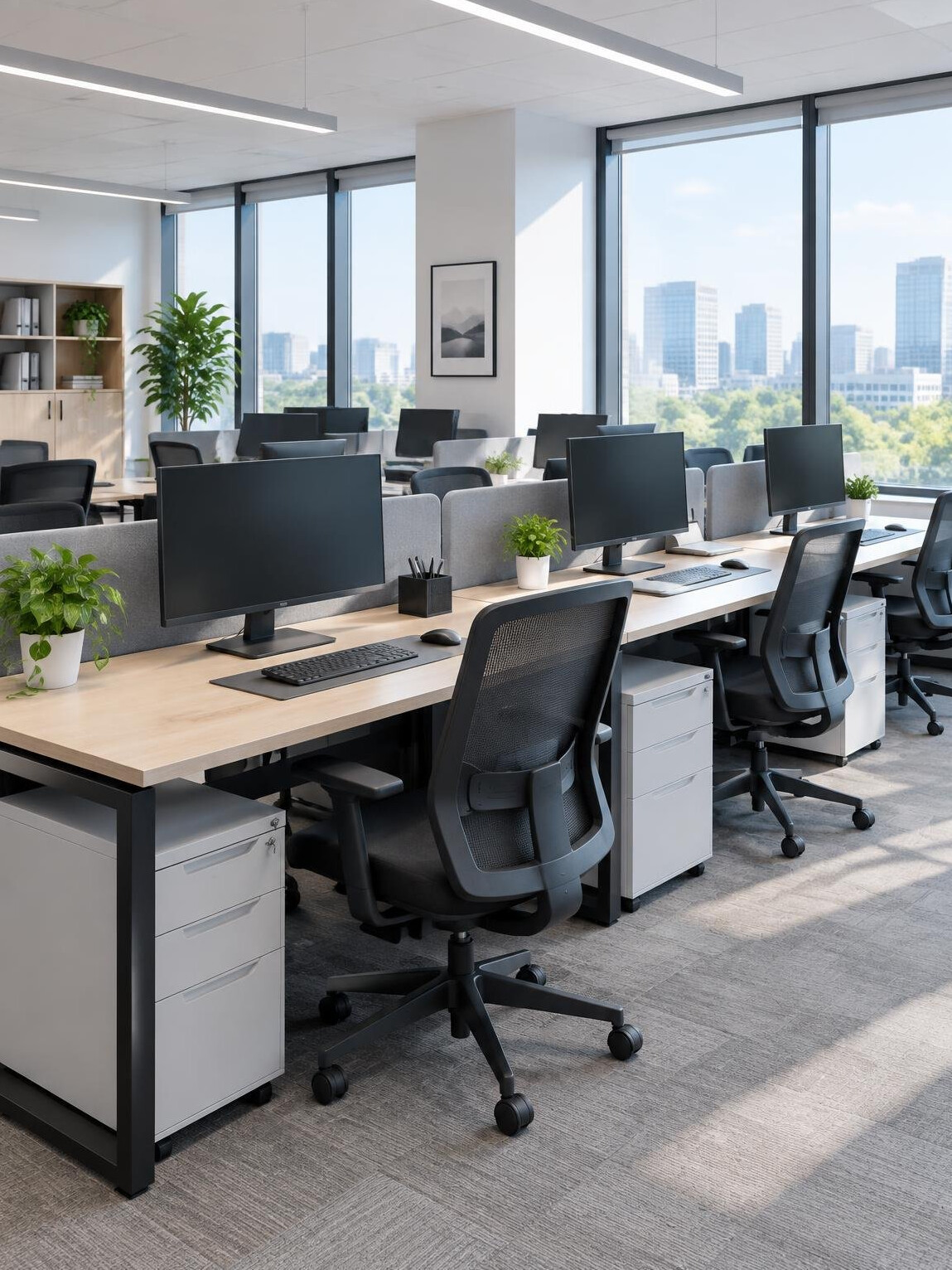 Modern office workspace with desks and monitors