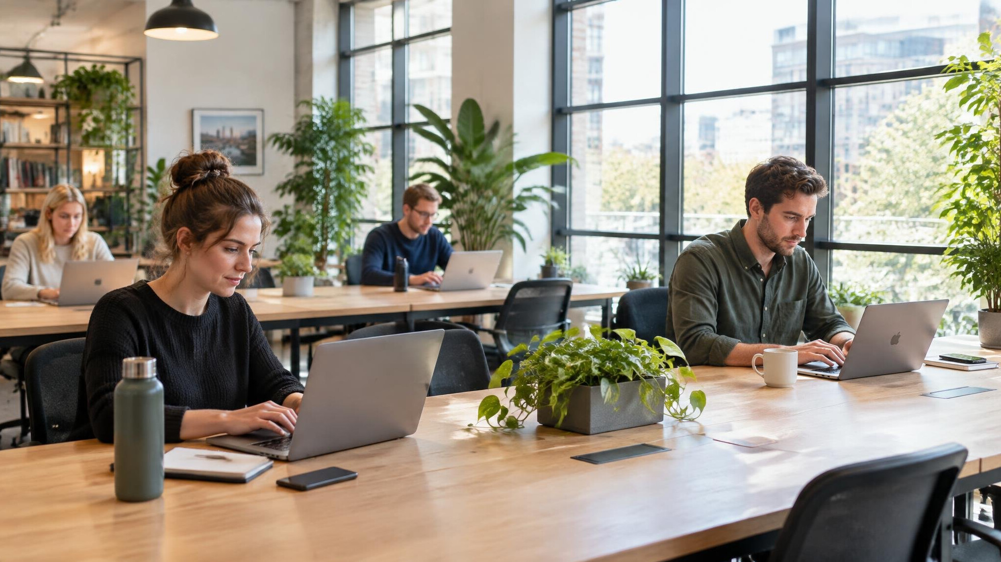 Bright coworking space with people working at laptops